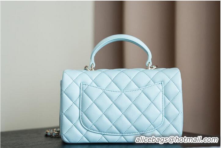 Original Cheap Chanel Classic Mini Top Handle Bag in Lambskin Leather AS2566 Light Blue/Gold