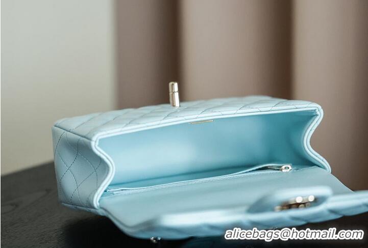 Original Cheap Chanel Classic Mini Top Handle Bag in Lambskin Leather AS2566 Light Blue/Gold