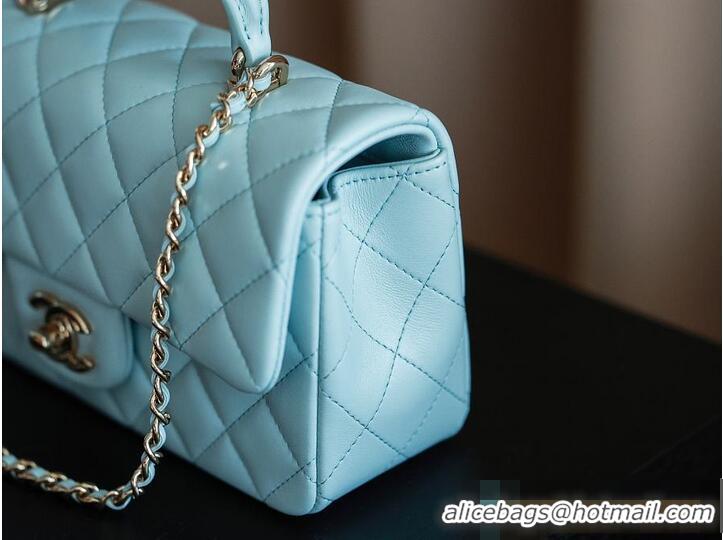 Original Cheap Chanel Classic Mini Top Handle Bag in Lambskin Leather AS2566 Light Blue/Gold