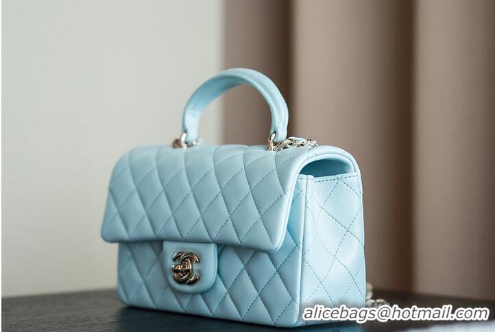 Original Cheap Chanel Classic Mini Top Handle Bag in Lambskin Leather AS2566 Light Blue/Gold