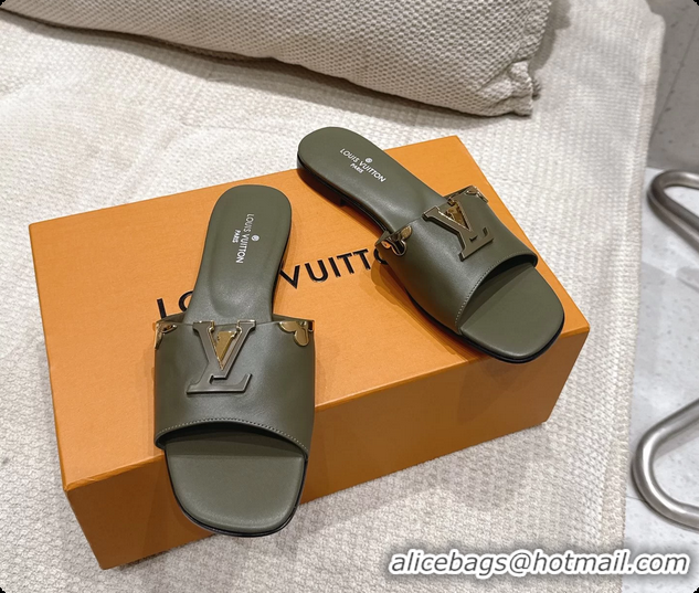 Luxurious Louis Vuitton LV Mare Flat Mule Slides Sandals Green Calfskin Leather 6061501