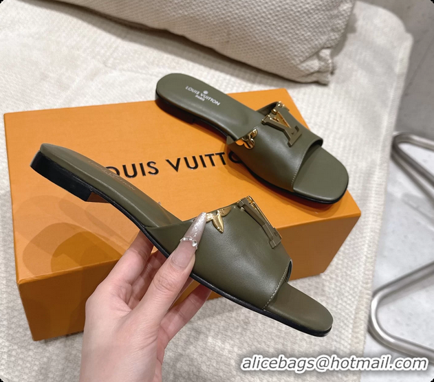 Luxurious Louis Vuitton LV Mare Flat Mule Slides Sandals Green Calfskin Leather 6061501