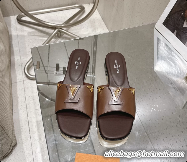 Cheap Price Louis Vuitton LV Mare Flat Mule Slides Sandals Dark Brown Calfskin Leather 6061501