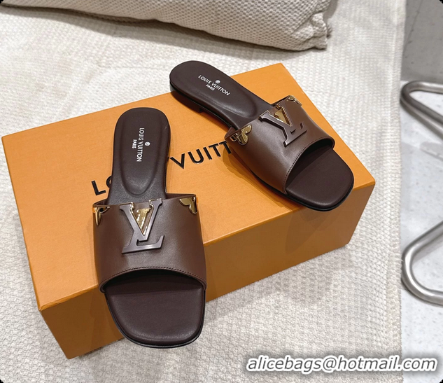 Cheap Price Louis Vuitton LV Mare Flat Mule Slides Sandals Dark Brown Calfskin Leather 6061501