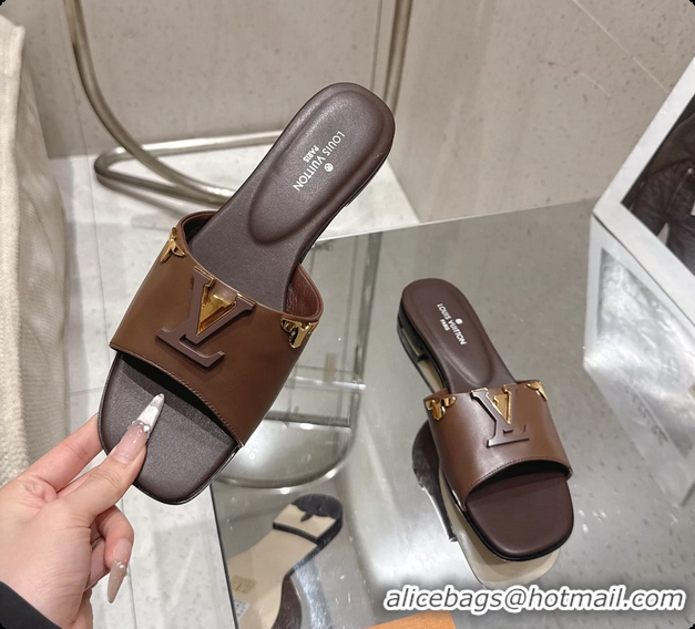 Cheap Price Louis Vuitton LV Mare Flat Mule Slides Sandals Dark Brown Calfskin Leather 6061501