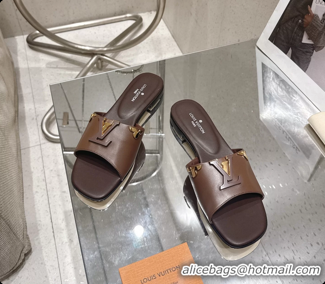 Cheap Price Louis Vuitton LV Mare Flat Mule Slides Sandals Dark Brown Calfskin Leather 6061501