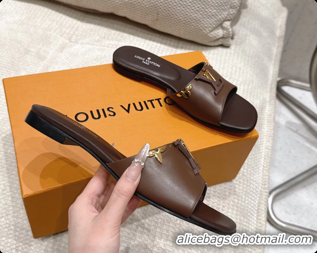 Cheap Price Louis Vuitton LV Mare Flat Mule Slides Sandals Dark Brown Calfskin Leather 6061501