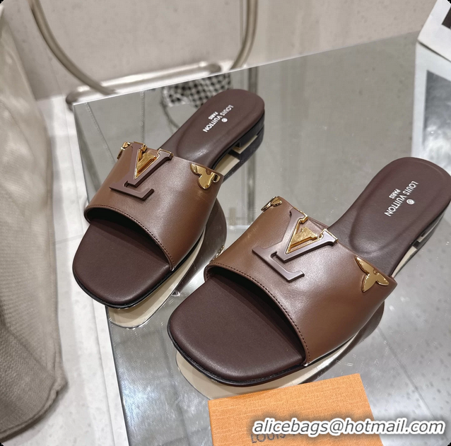 Cheap Price Louis Vuitton LV Mare Flat Mule Slides Sandals Dark Brown Calfskin Leather 6061501