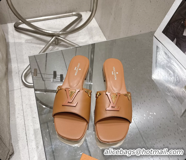 Shop Duplicate Louis Vuitton LV Mare Flat Mule Slides Sandals Brown Calfskin Leather 6061501