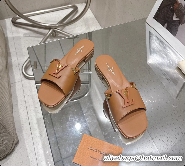 Shop Duplicate Louis Vuitton LV Mare Flat Mule Slides Sandals Brown Calfskin Leather 6061501