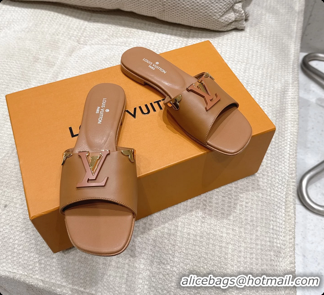 Shop Duplicate Louis Vuitton LV Mare Flat Mule Slides Sandals Brown Calfskin Leather 6061501