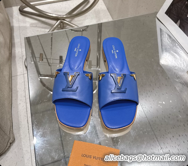 Good Looking Louis Vuitton LV Mare Flat Mule Slides Sandals Blue Calfskin Leather 6061501