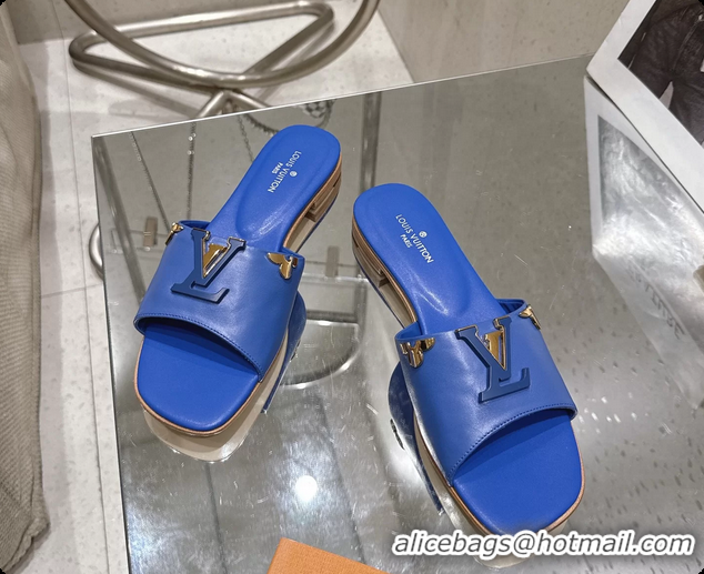 Good Looking Louis Vuitton LV Mare Flat Mule Slides Sandals Blue Calfskin Leather 6061501