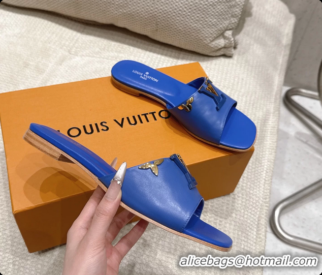 Good Looking Louis Vuitton LV Mare Flat Mule Slides Sandals Blue Calfskin Leather 6061501