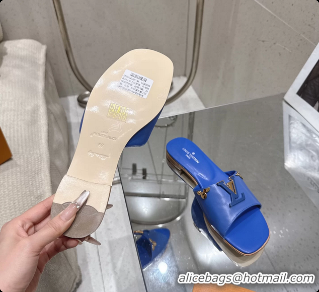 Good Looking Louis Vuitton LV Mare Flat Mule Slides Sandals Blue Calfskin Leather 6061501