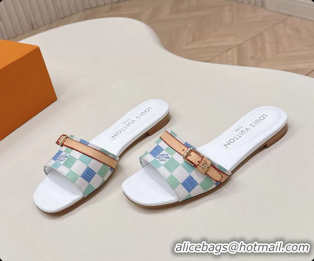 Charming Louis Vuitton Neo Revival Flat Slides Sandal Mules Shoes White Blue Damier Canvas 6061506
