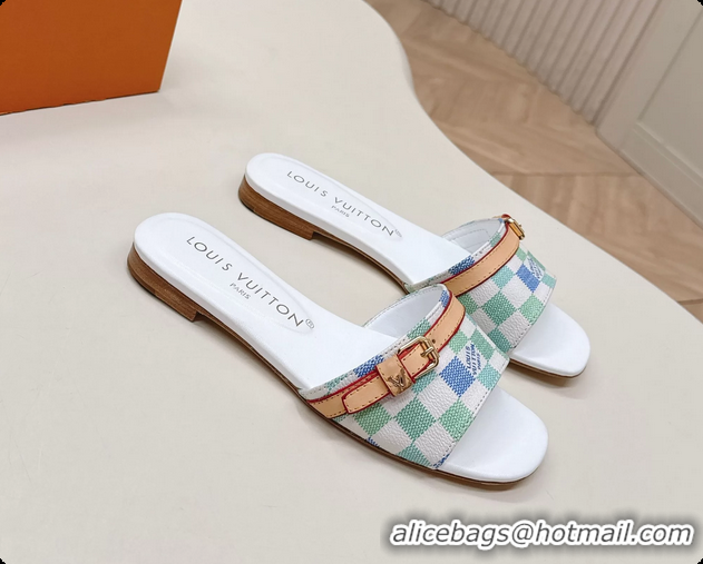 Charming Louis Vuitton Neo Revival Flat Slides Sandal Mules Shoes White Blue Damier Canvas 6061506
