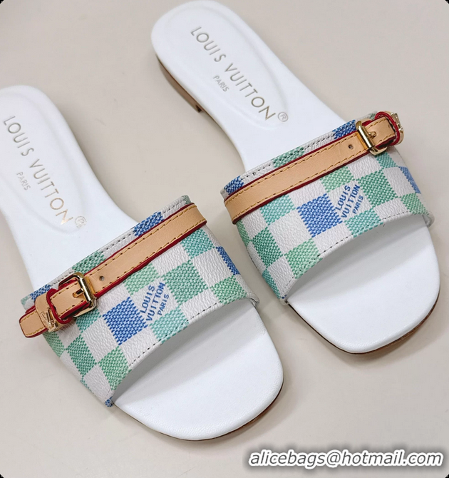 Charming Louis Vuitton Neo Revival Flat Slides Sandal Mules Shoes White Blue Damier Canvas 6061506