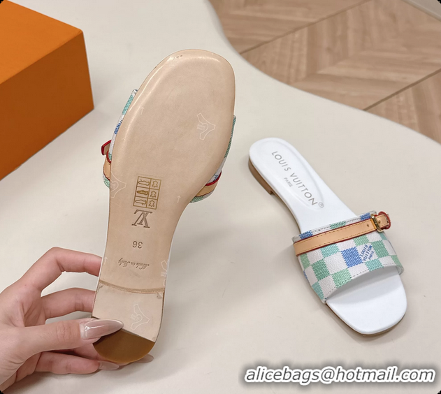 Charming Louis Vuitton Neo Revival Flat Slides Sandal Mules Shoes White Blue Damier Canvas 6061506