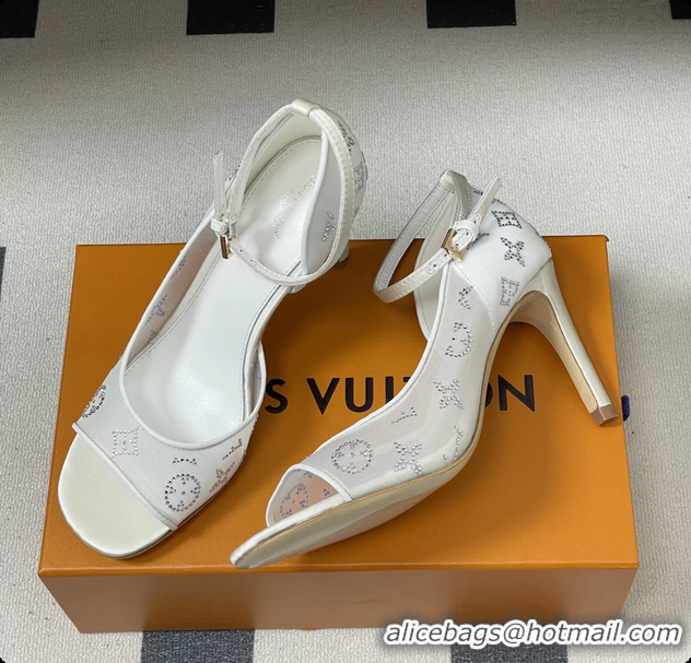 Top Design Louis Vuitton Gala High Heeled Sandals Shoes White Mesh Monogram Strass 85MM 6061507