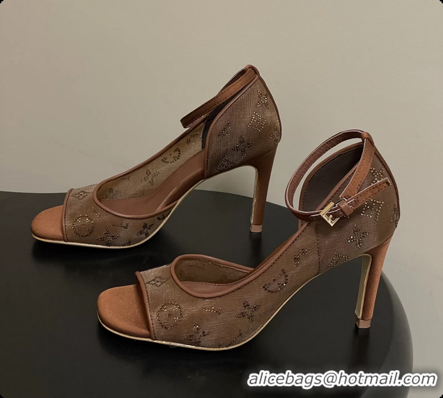 Purchase Louis Vuitton Gala High Heeled Sandals Shoes Brown Mesh Monogram Strass 85MM 6061507