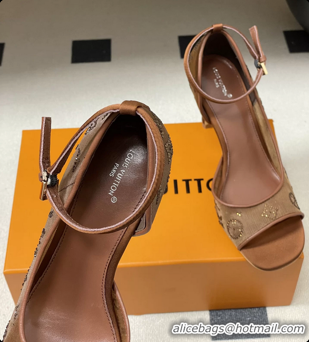 Purchase Louis Vuitton Gala High Heeled Sandals Shoes Brown Mesh Monogram Strass 85MM 6061507