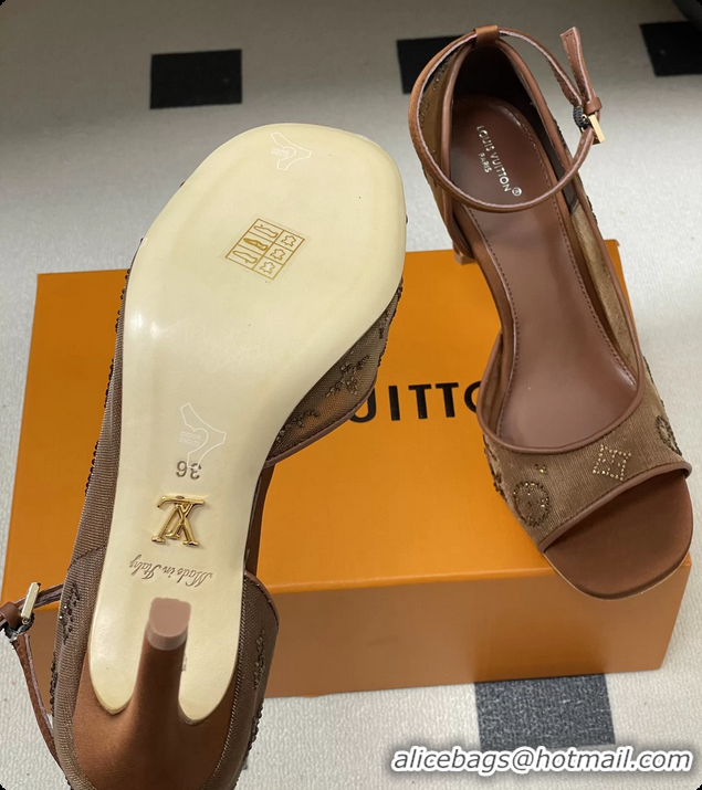 Purchase Louis Vuitton Gala High Heeled Sandals Shoes Brown Mesh Monogram Strass 85MM 6061507