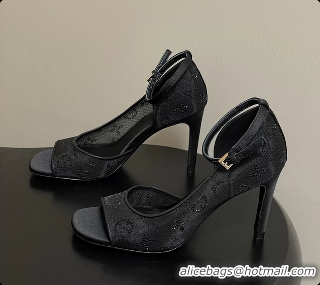 Grade Quality Louis Vuitton Gala High Heeled Sandals Shoes Black Mesh Monogram Strass 85MM 6061507