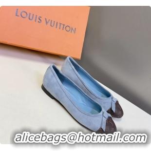 Low Price Louis Vuitton Nina Bow Ballet Flat Shoes Monogram Canvas and Light Blue Suede Leather 6061601