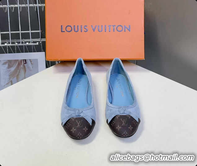 Low Price Louis Vuitton Nina Bow Ballet Flat Shoes Monogram Canvas and Light Blue Suede Leather 6061601