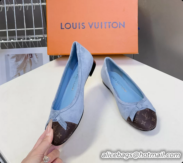 Low Price Louis Vuitton Nina Bow Ballet Flat Shoes Monogram Canvas and Light Blue Suede Leather 6061601