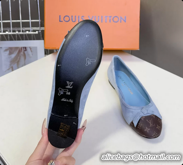 Low Price Louis Vuitton Nina Bow Ballet Flat Shoes Monogram Canvas and Light Blue Suede Leather 6061601