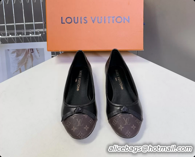 Popular Style Louis Vuitton Nina Bow Ballet Flat Shoes Monogram Canvas and Black Calfskin Leather 6061601