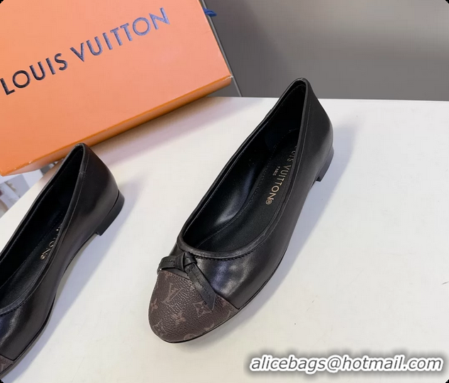 Popular Style Louis Vuitton Nina Bow Ballet Flat Shoes Monogram Canvas and Black Calfskin Leather 6061601