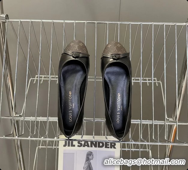 Popular Style Louis Vuitton Nina Bow Ballet Flat Shoes Monogram Canvas and Black Calfskin Leather 6061601