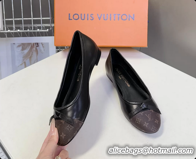 Popular Style Louis Vuitton Nina Bow Ballet Flat Shoes Monogram Canvas and Black Calfskin Leather 6061601
