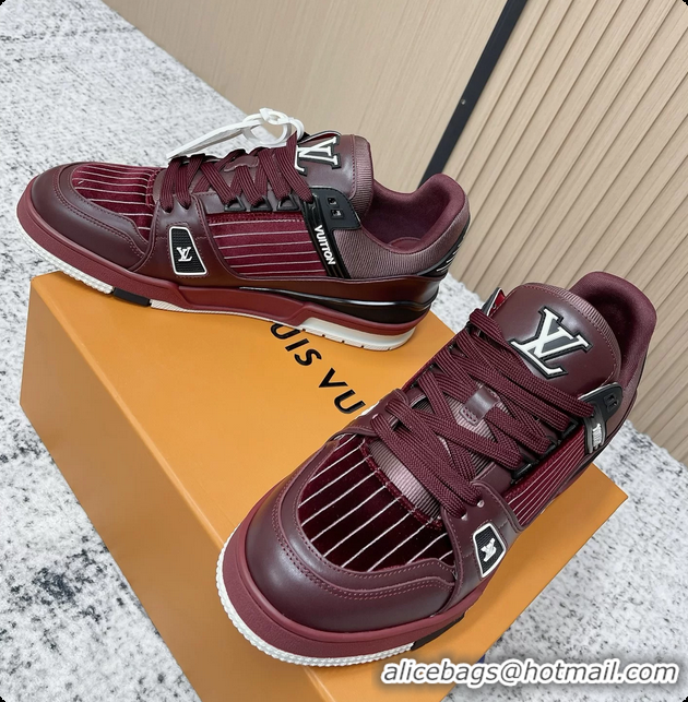 Durable Louis Vuitton LV Trainer Sneakers Shoes Burgundy Velvet and Calfskin Leather 6061602