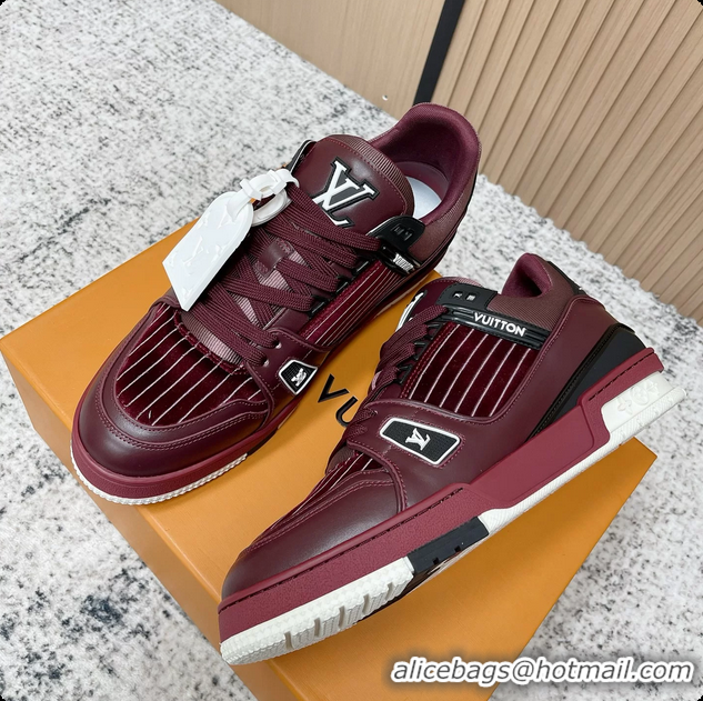 Durable Louis Vuitton LV Trainer Sneakers Shoes Burgundy Velvet and Calfskin Leather 6061602