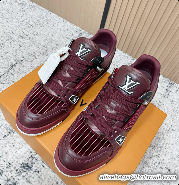 Durable Louis Vuitton LV Trainer Sneakers Shoes Burgundy Velvet and Calfskin Leather 6061602