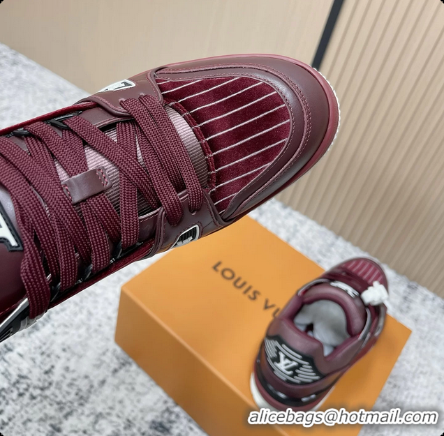 Durable Louis Vuitton LV Trainer Sneakers Shoes Burgundy Velvet and Calfskin Leather 6061602