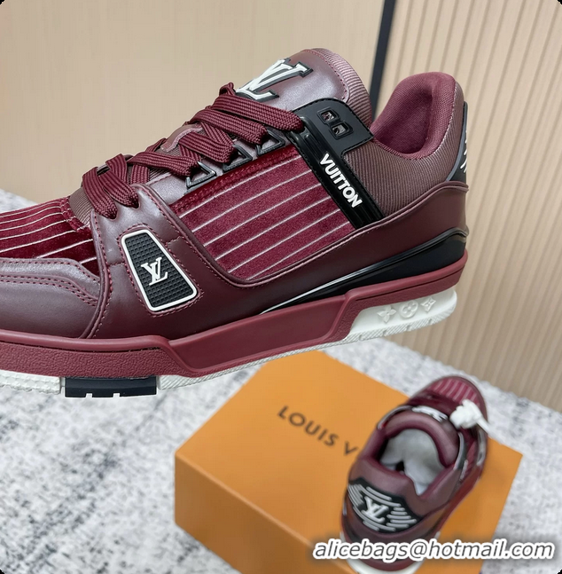 Durable Louis Vuitton LV Trainer Sneakers Shoes Burgundy Velvet and Calfskin Leather 6061602