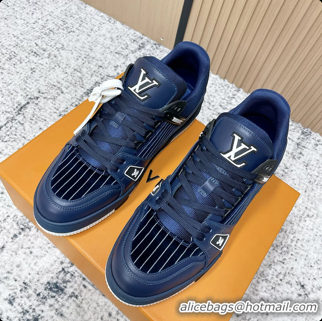 Shop Duplicate Louis Vuitton LV Trainer Sneakers Shoes Navy Blue Velvet and Calfskin Leather 6061602