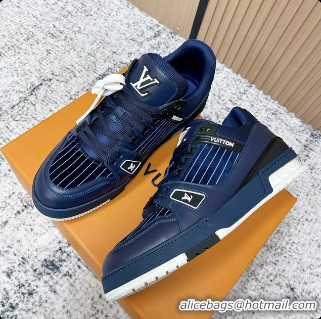 Shop Duplicate Louis Vuitton LV Trainer Sneakers Shoes Navy Blue Velvet and Calfskin Leather 6061602