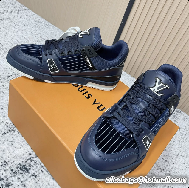Shop Duplicate Louis Vuitton LV Trainer Sneakers Shoes Navy Blue Velvet and Calfskin Leather 6061602