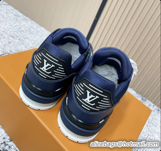 Shop Duplicate Louis Vuitton LV Trainer Sneakers Shoes Navy Blue Velvet and Calfskin Leather 6061602