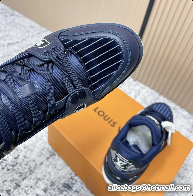Shop Duplicate Louis Vuitton LV Trainer Sneakers Shoes Navy Blue Velvet and Calfskin Leather 6061602