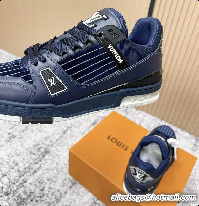 Shop Duplicate Louis Vuitton LV Trainer Sneakers Shoes Navy Blue Velvet and Calfskin Leather 6061602