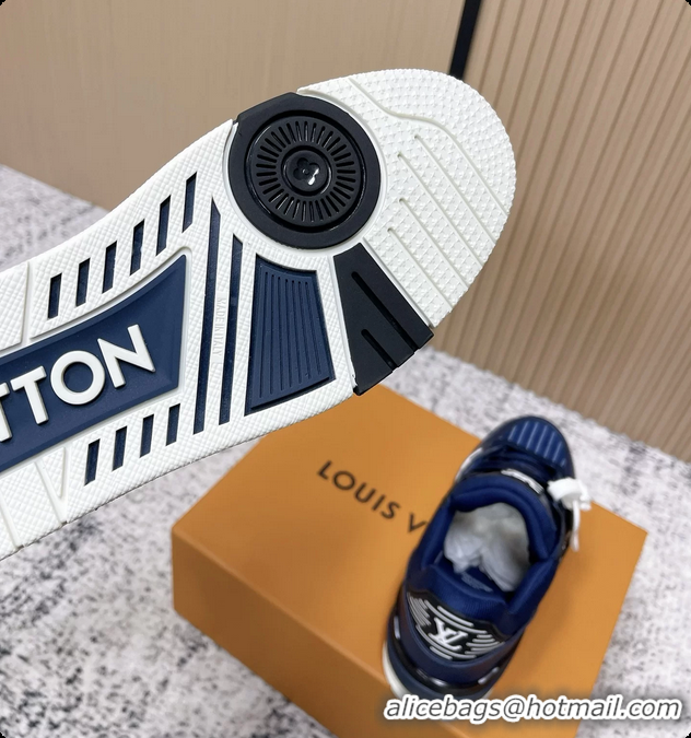 Shop Duplicate Louis Vuitton LV Trainer Sneakers Shoes Navy Blue Velvet and Calfskin Leather 6061602