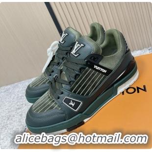 Luxurious Louis Vuitton LV Trainer Sneakers Shoes Green Velvet and Calfskin Leather 6061602