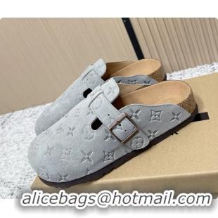 Fashion Louis Vuitton LV Cosy Flat Comfort Closed Mule Light Gray Suede Monogram Leather 6061607